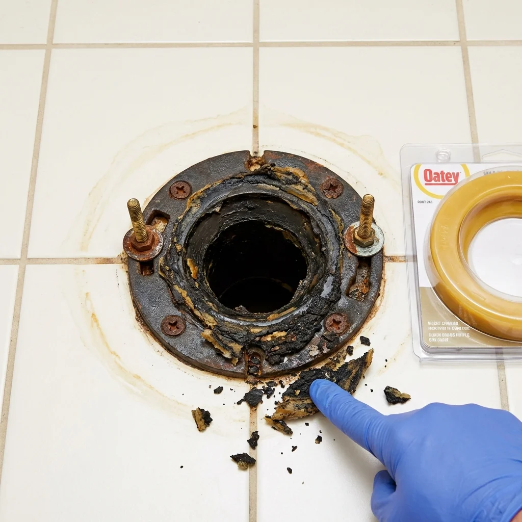 Failed wax ring showing water seepage at the base of a toilet in a Putnam, CT home